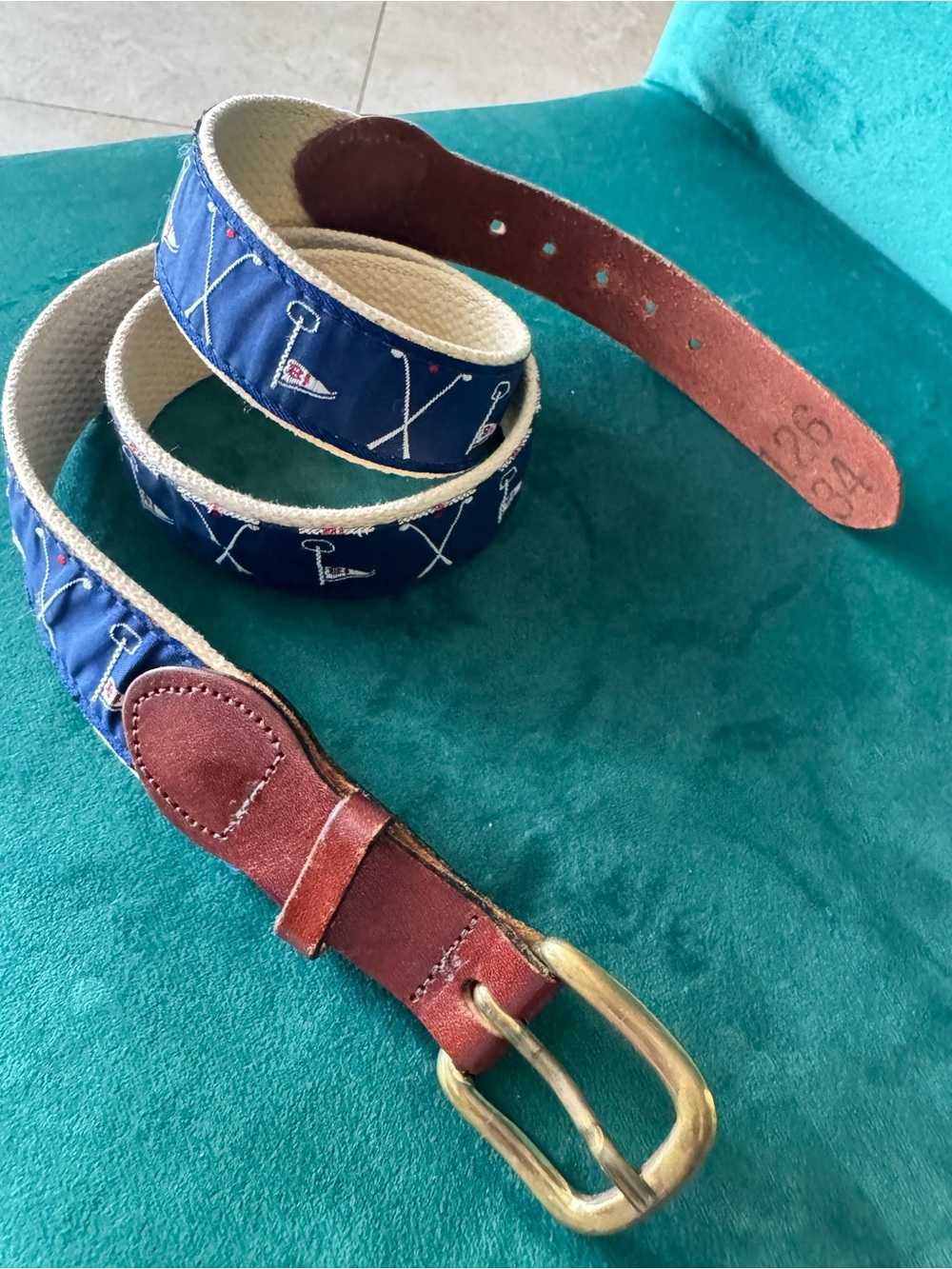Golf Print Navy Canvas Belt Leather Trim Solid Brass Buckle Size 34